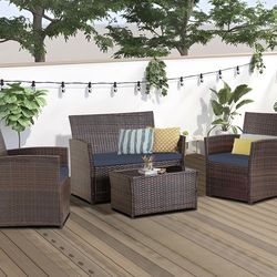 Assembled New 4 Piece Outdoor Patio Furniture Sets, Wicker Conversation Sectional Set, Rattan Chairs with Table and Loveseat