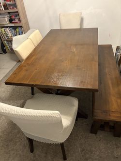 Dining room table, bench and chairs