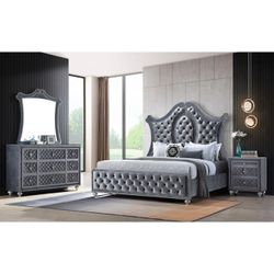 Brand New Gray Linen Eastern King Bedframe + Dresser + Mirror + Nightstand 4PCs Set