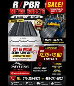 New R panel metal sheets,  26 gauge,  fully painted only $2.75 a linear ft