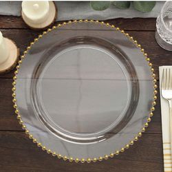 Efavormart 10 Pack | 10" Clear/Gold Beaded Rim Plastic Dinner Plates, Disposable Round Party Plates