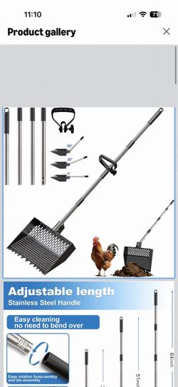 2-in-1 Chicken Poop Scooper & Rake 12-Inch Large Metal Shovel Head Adjustable Stainless Steel Handle (24 to 64") Litter Sifting Shovel Cleaning Tools 
