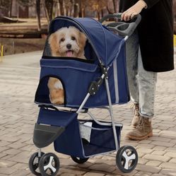 3 Wheels Pet Stroller, Foldable Dog Cat Cage Jogger Stroller with Weather Cover for All-Season, Storage Basket and Cup Holder, Breathable and Visible 