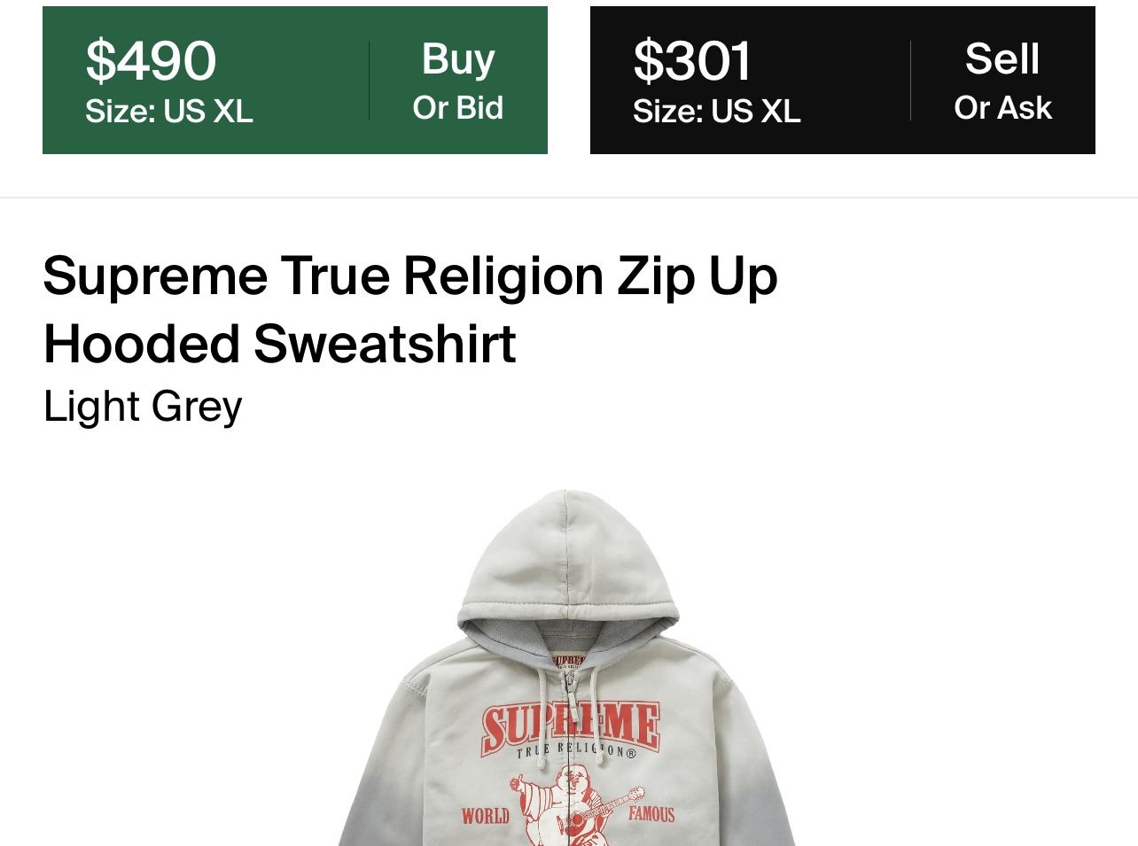 Supreme True Religion Zip Up Hooded Sweatshirt Light Grey Men's