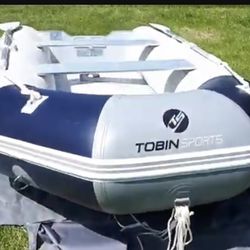  NEW Tobin Inflatable Boat with 4.5 hp Johnson 2 stroke Outboard Motor w Gas Tank, Launching Wheels, Bimini Canopy Top.