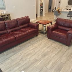 2 Piece Red Leather Couch and Chair