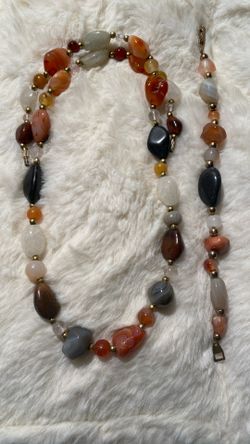 Vintage 22” Genuine Stone Necklace Set With 7.5” Matching Bracelet.