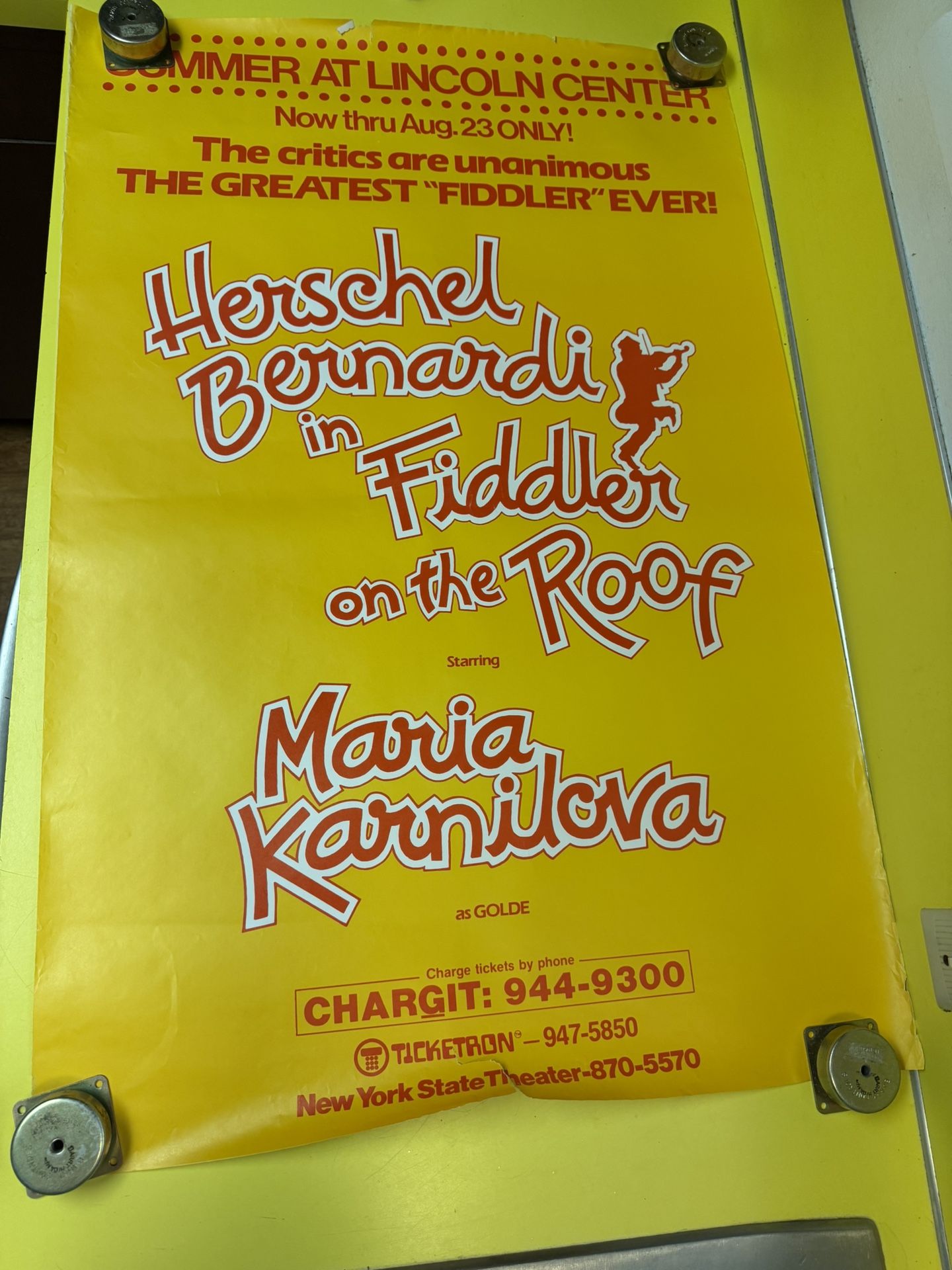Original Lincoln Center, New York Fiddler On The Roof Herschel Bernardi Theater Poster 1981