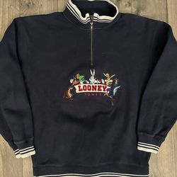 Vintage Y2K Looney Tunes Warner Bros. Embroidered Quarter Zip Sweater Medium