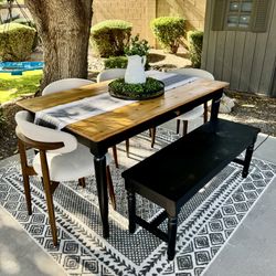 Modern Farmhouse Dining Room Table, (4) Chairs and a Bench
