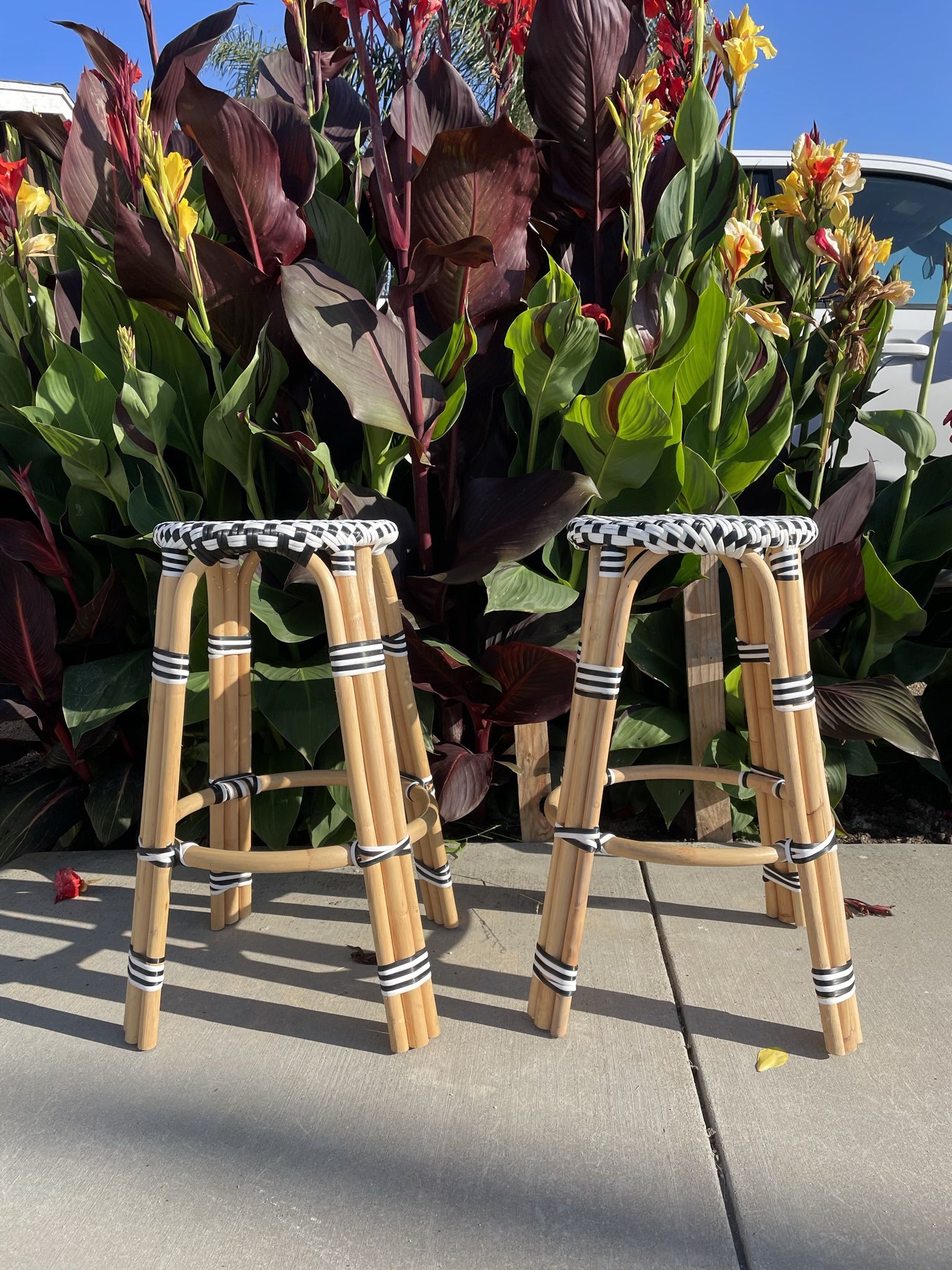 2 Bamboo Checker Bar/counter Stools