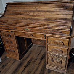 Solid Oak Roll Top Desk & Chair