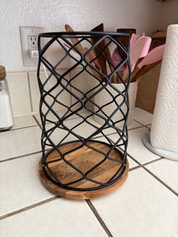 Black Wire Utensil Holder with Wood Base