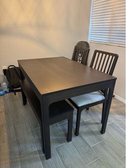 Dining room table, 2 chairs, 1 bench