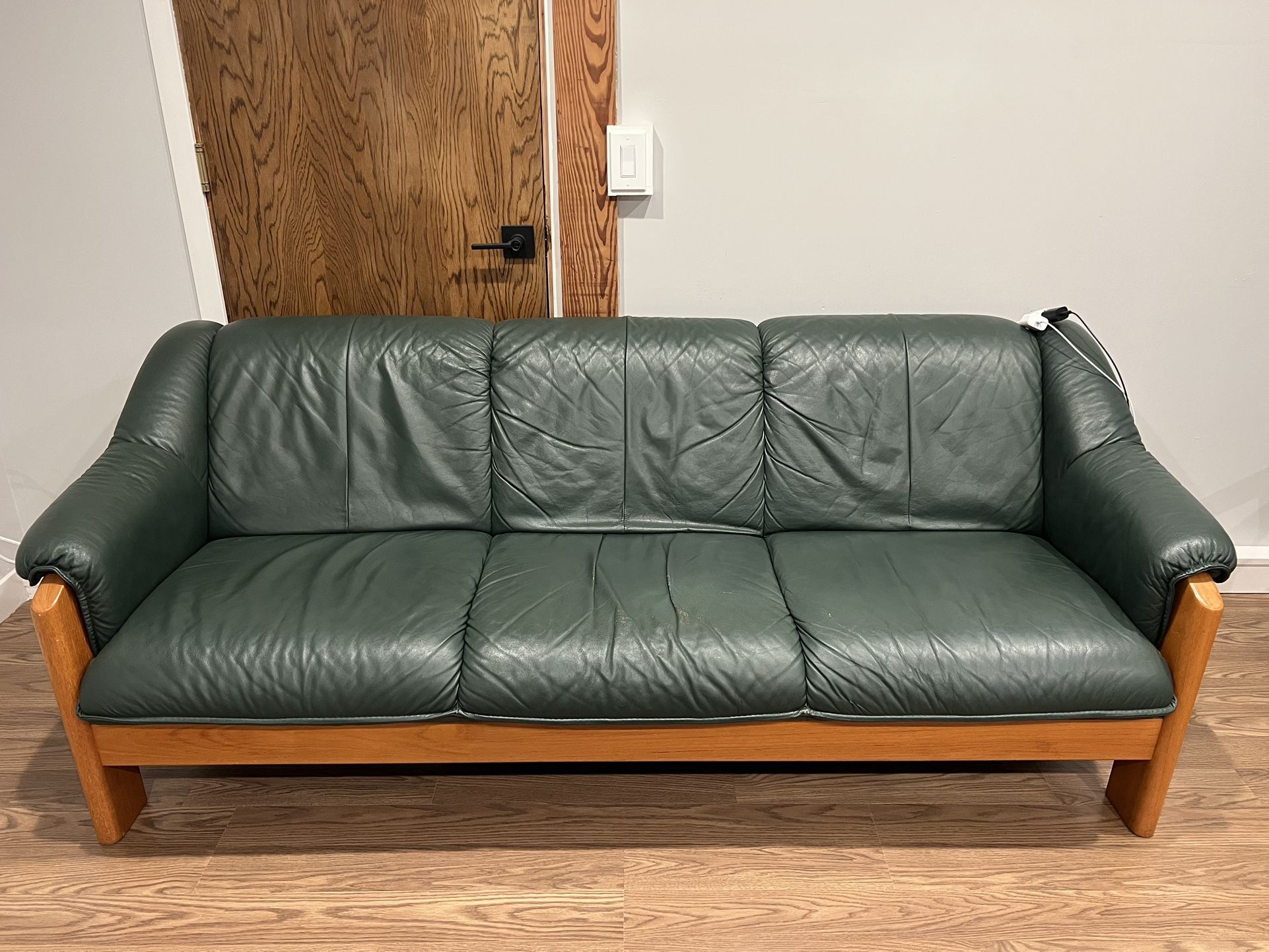 Vintage Green Leather Teak Ekornes Stressless 3 Seater Sofa