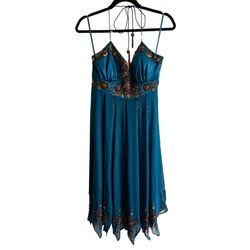 Vintage Teal Satin & Chiffon Gold Floral Beaded Flapper Dress w/ Wrap (USED)