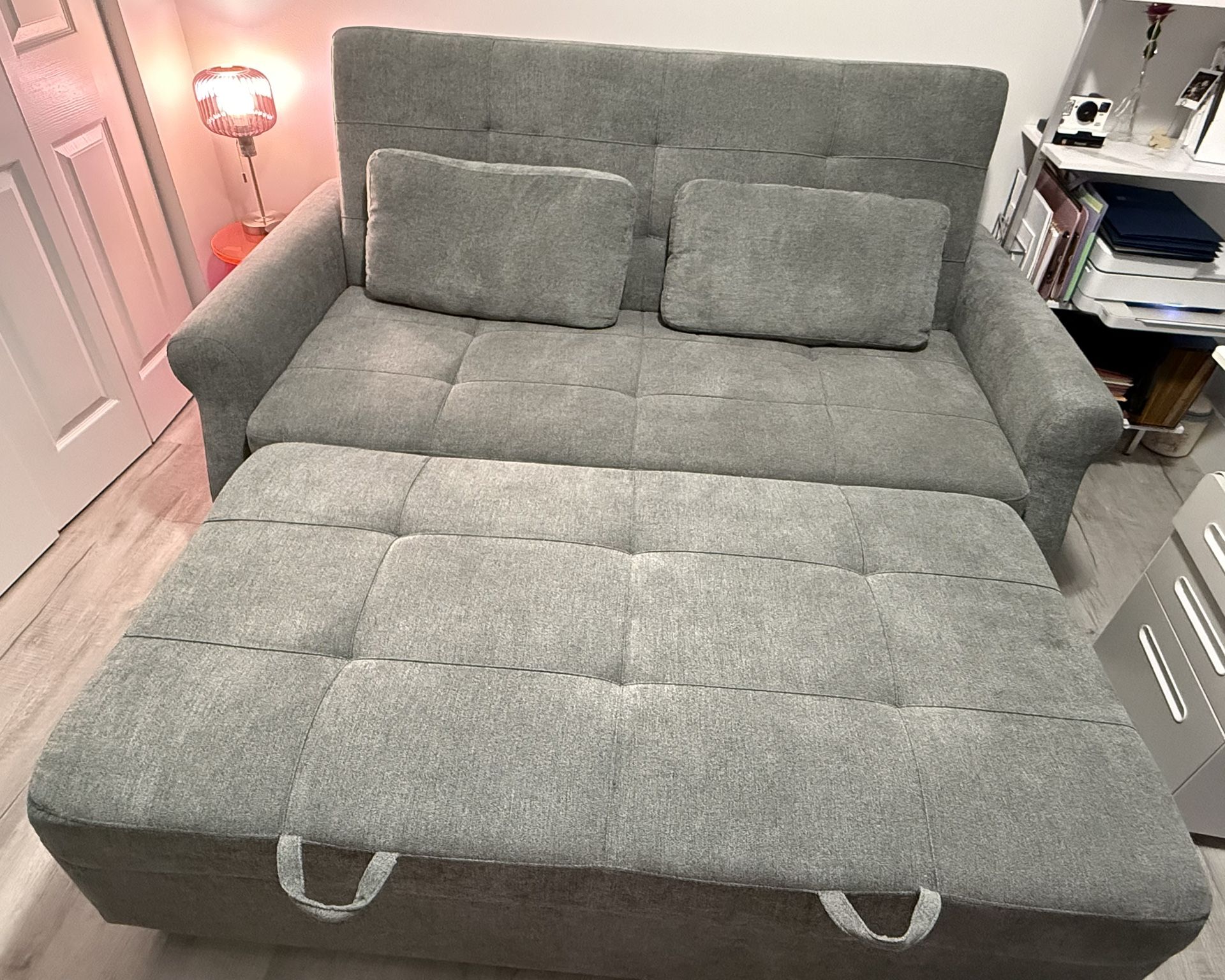 73” Queen Rolled Arm Tufted Back Convertible Sleeper Sofa With Cushions.