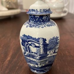 Spode Blue Italian Small Hexagonal Jar w/ Lid 5.5”H
