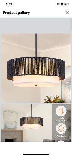 18'' Farmhouse Rattan Chandeliers for Dining Room,3-Light Boho Light Fixtures Rattan Pendant Light Fixture with Fabric Shade Drum Chandeliers for Bedr