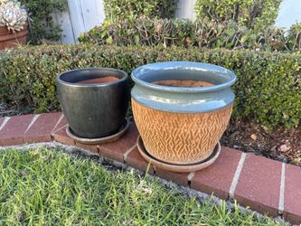 Vintage lot 2- Dark Grey Blue Pot Planter Saucers Stoneware Flower Garden Clay Stone Pottery Vase Trees Herbs Succulents Plants 