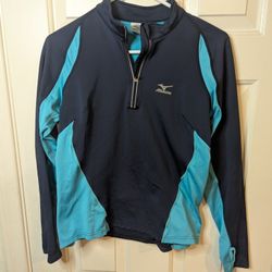 Mizuno Shirt Womens Small Blue Logo Graphic Pullover 1/4 Zip Long Sleeve Stretch