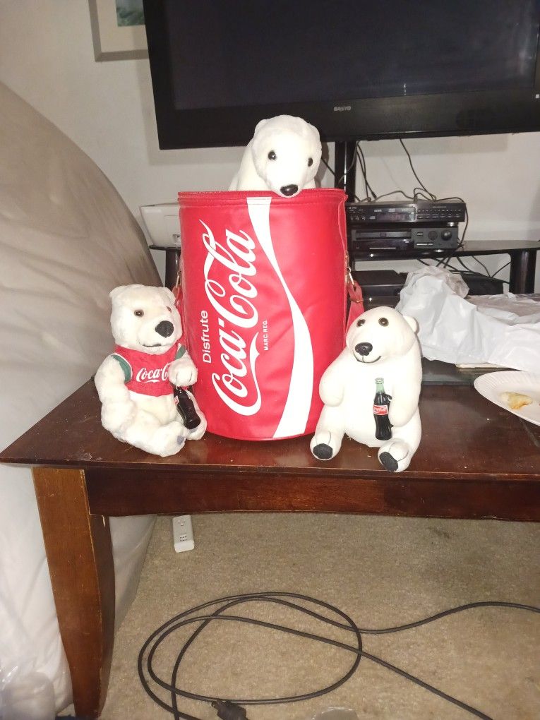 Coke Cooler And Bear Trio All In Good Condition