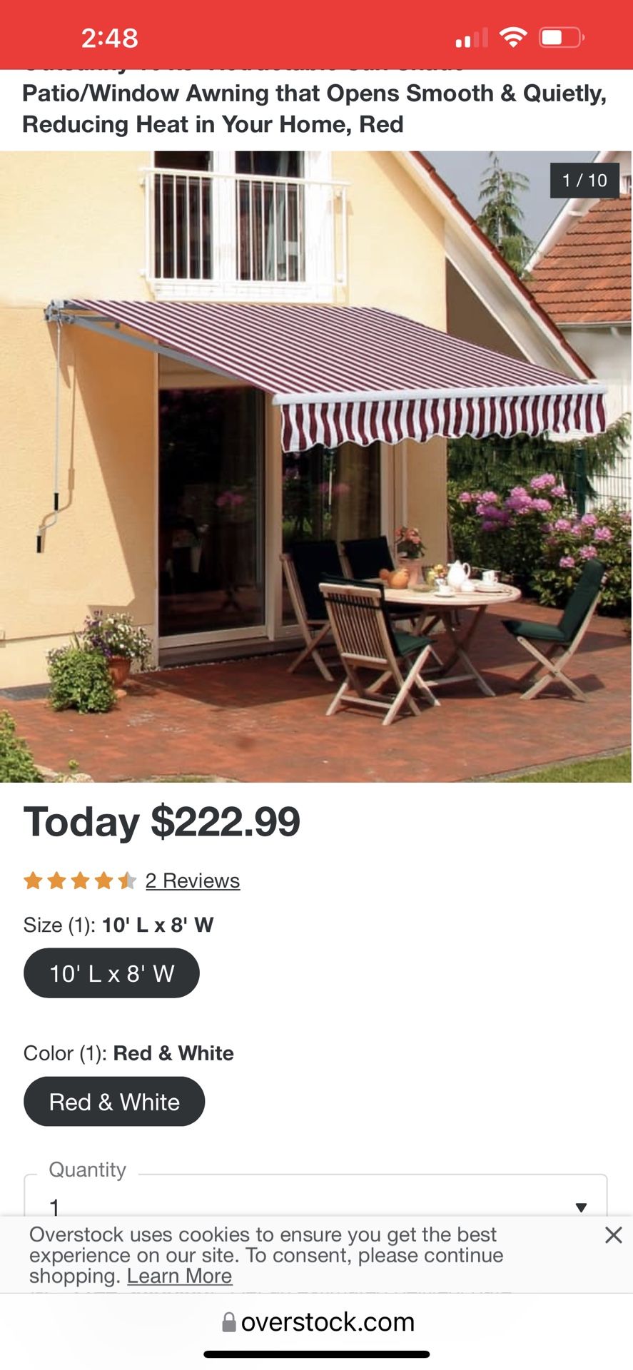 Outsunny Retractable Manual Canopy Awning 10 Ft by 8 Ft Bnew