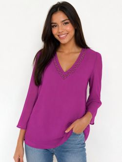 Thalia Sodi Purple Chiffon Blouse Women’s Size CSM V-Neck Gold Ring Detail 3/4 Bell Sleeve
