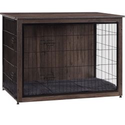 Dog Crate Furniture with Cushion, Wooden Kennel Table with Double Doors, Indoor Dog House, Extra Large Size, 43.3" L, Dark Gray 