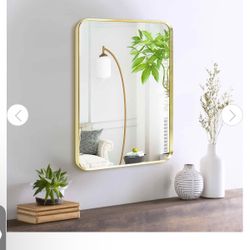 Wall Mount Small Mirror, Brushed Gold Metal Framed Rounded Corner Rectangular Makeup Mirror for Bathroom, Bedroom, Living Room (12" x 16", Gold)