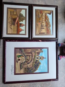 three pieces of vintage Mexican Popotillo straw art