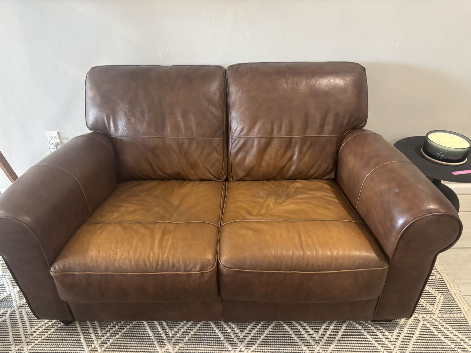 Whiskey colored real Italian leather sofa with love Seat
