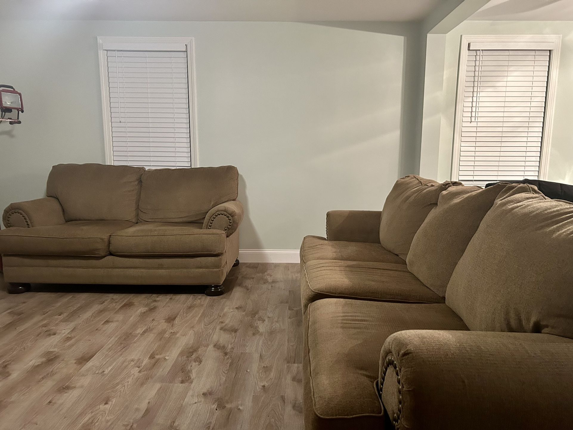 Tan Sofa, love seat, arm chair, Ottoman