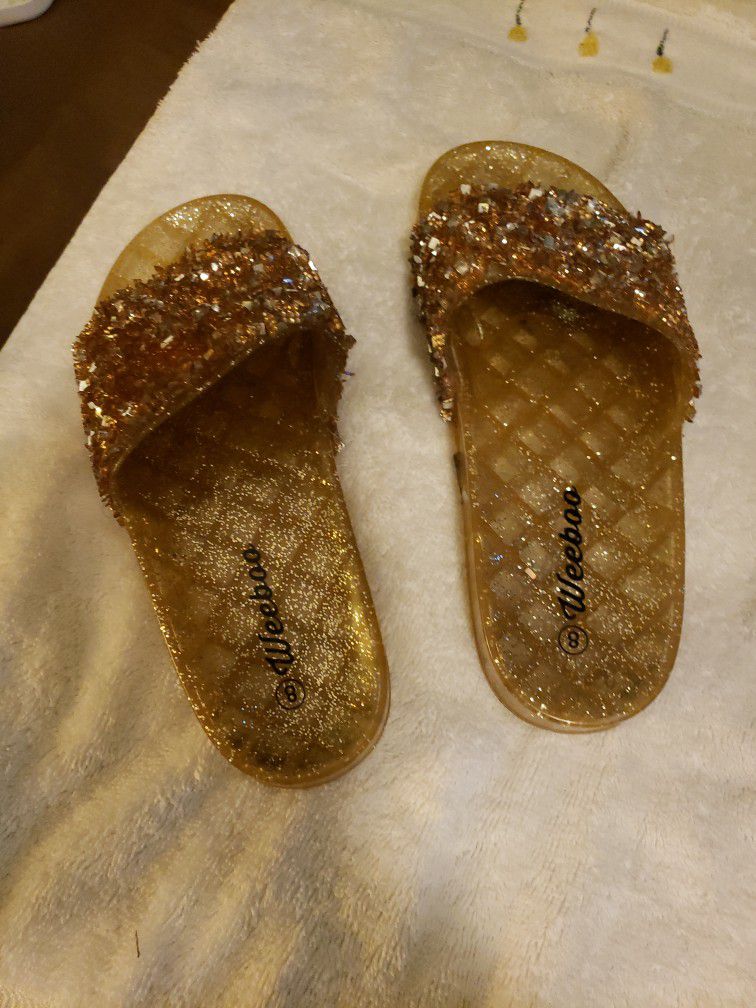 Weeboo Crystal Embellished Slide Sandals Glod Flat Shoes 