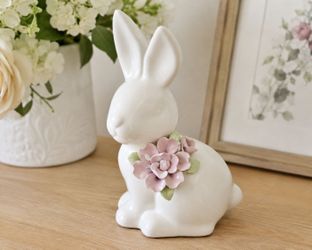 White Ceramic Bunny Rabbit Figurine w/ Pink Floral Accent Easter Spring Decor 5"