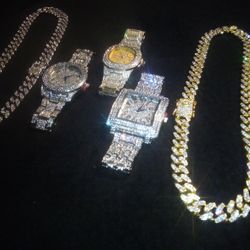 Five Piece Collection Set Austrian Lab Diamond Three Heavy Watch And Two Short 18 Inch Chain