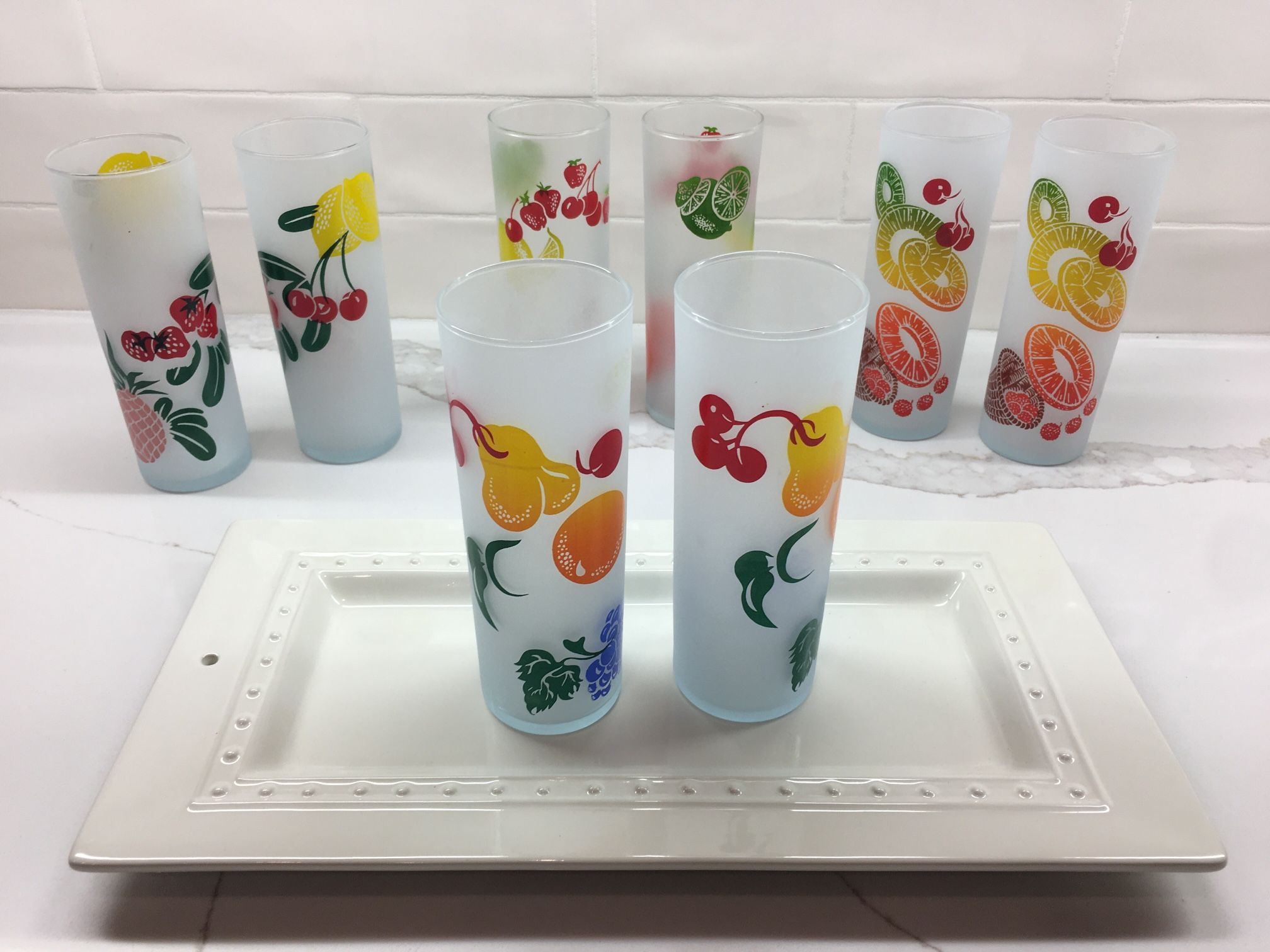 Vintage frosted glass beverage glasses. 