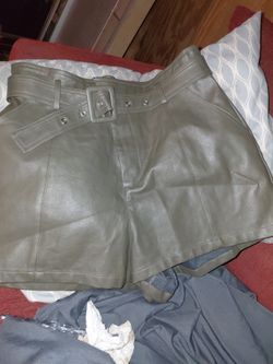 Olive Green Faux Leather Belted Shorts