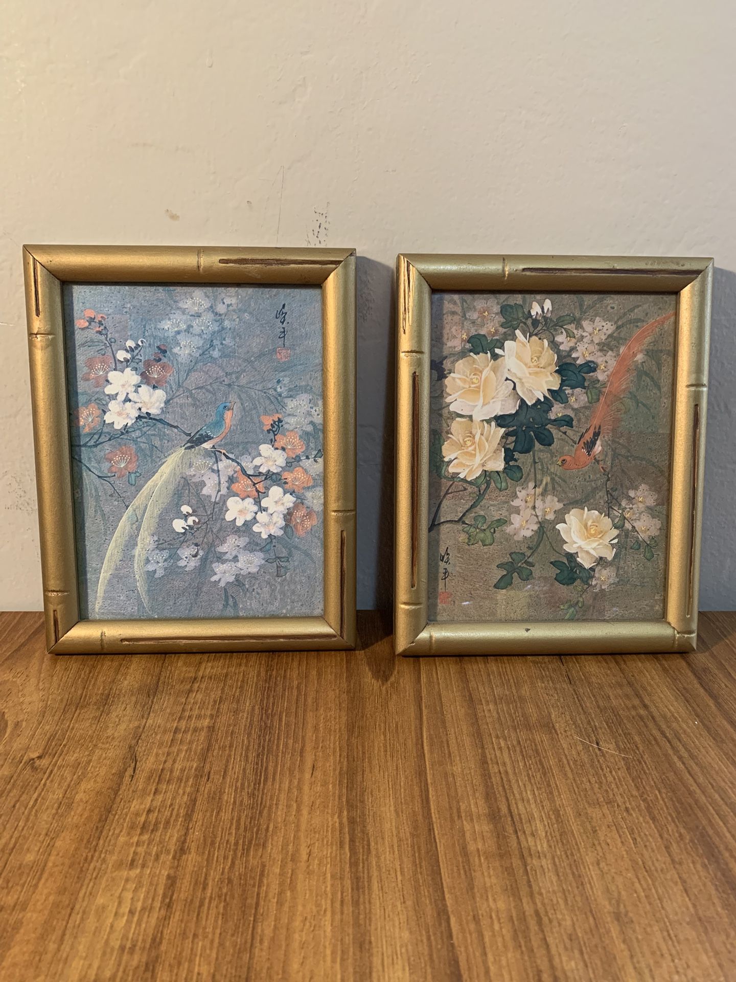 Vintage Bamboo Framed Long Tail Bird Prints Set of 2 7x9”