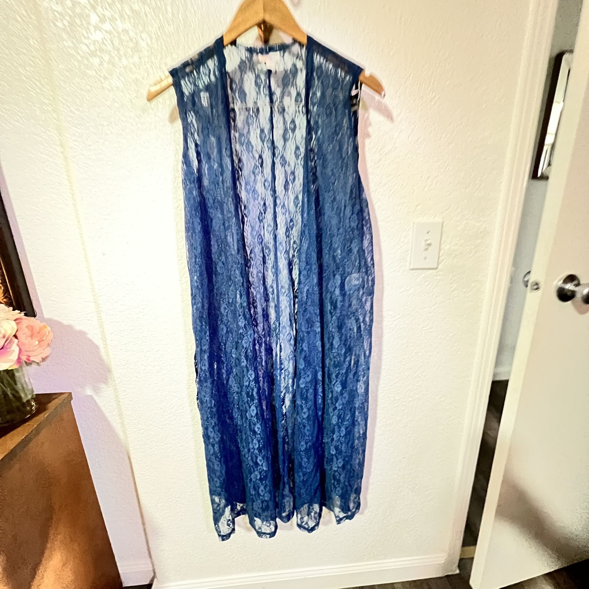 Lularoe Joy Long Lace Vest Duster Size L Blue Cardigan Floral Flower Sleeveless