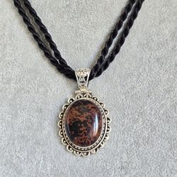 Vintage Sterling Silver Artisan Crafted Mahogany Obsidian Pendant Necklace 