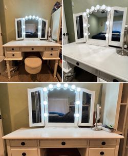 White Vanity with Trifold Mirror