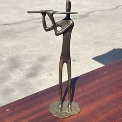 Vintage Brutalist-style Bronze or Solid Brass Flautista Musician Patinated Decorative Collectible Figure 