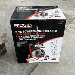 RIDGID K-400 Drain Cleaning Snake Auger 120-Volt Drum Machine with C-32IW 3/8 in. x 75 ft. Cable + 4- Piece Tool Set & Gl