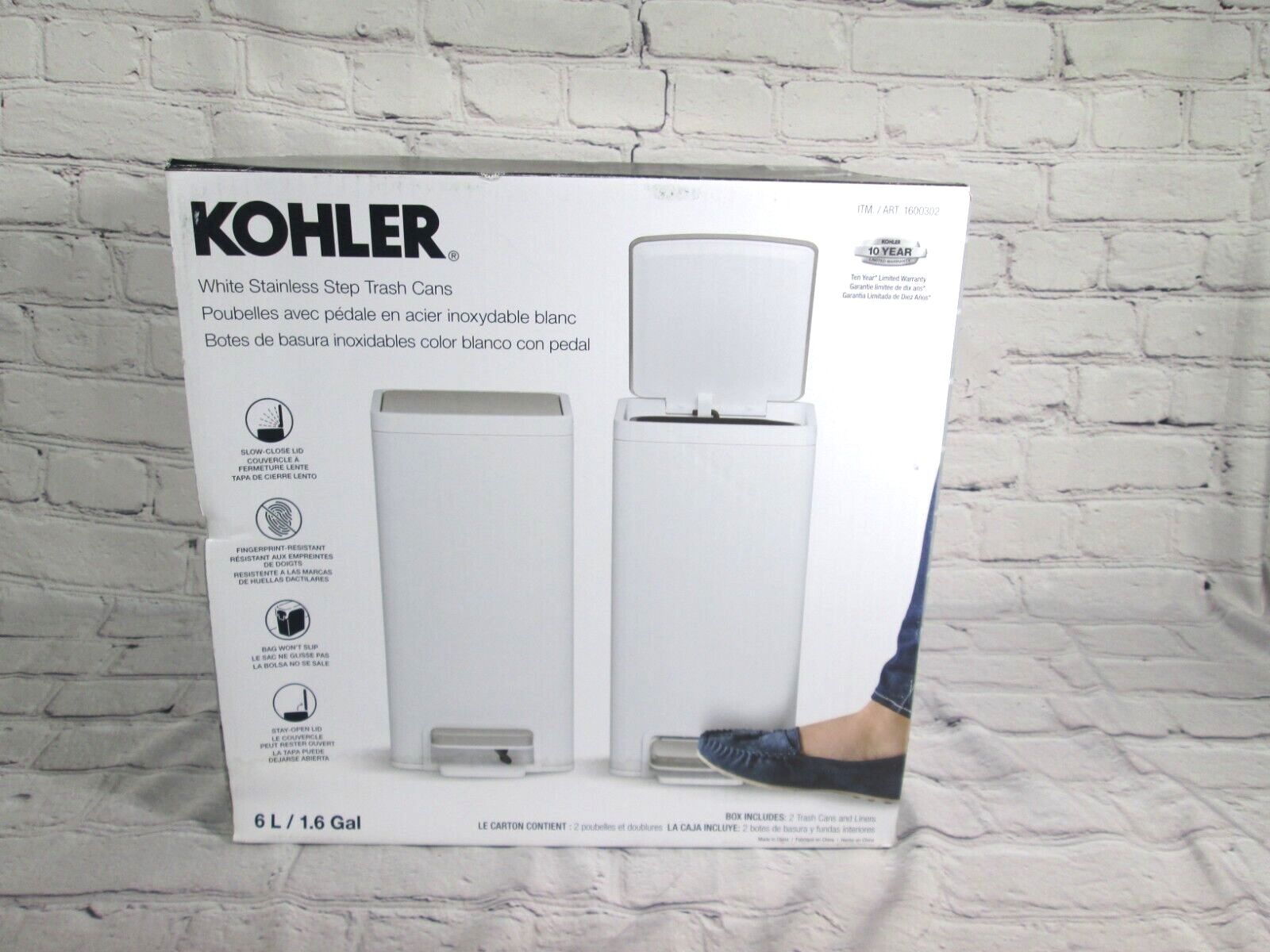 NOB Kohler 6L 1.6 Gallon White Stainless Step Bath Trash Can 2 Pack 1600302