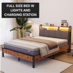Full Size Bed Frame with Charging Station and LED LIGHTS