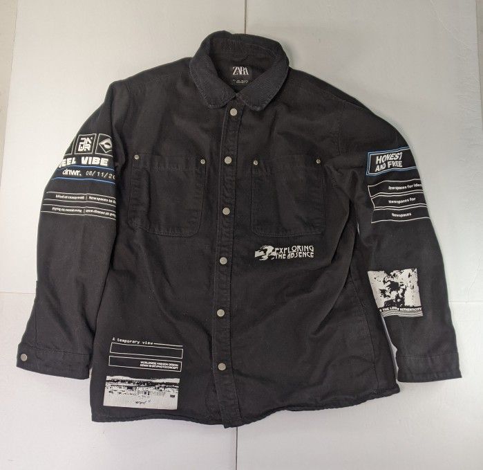 Zara Denim Contrast Print Black Jacket Men's Size Large