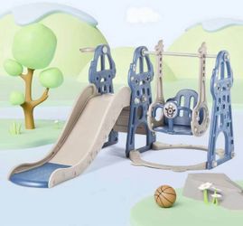 Slide and Swing Set for Toddlers, Baby Swing with Safety Belt for Age 1-6,4 in 1 Playset Toys with Basketball Hoop Indoor Outdoor,Blue