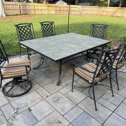 High-Quality Wrought Iron Patio Dining Set – Tile Top Table + 6 Chairs (2 Swivel Rockers)