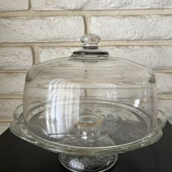 Vintage Glass Cake Stand with Dome Lid – Floral Etched Pedestal Display